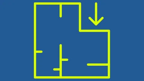 blue background with floor plan icon in green over the top