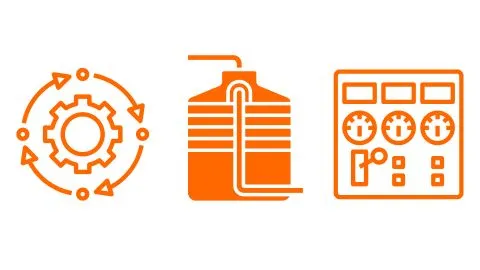 three orange icon images representing processes water tank and control panel