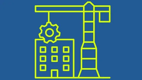 construction crane with building and system cog icon in green on blue background 