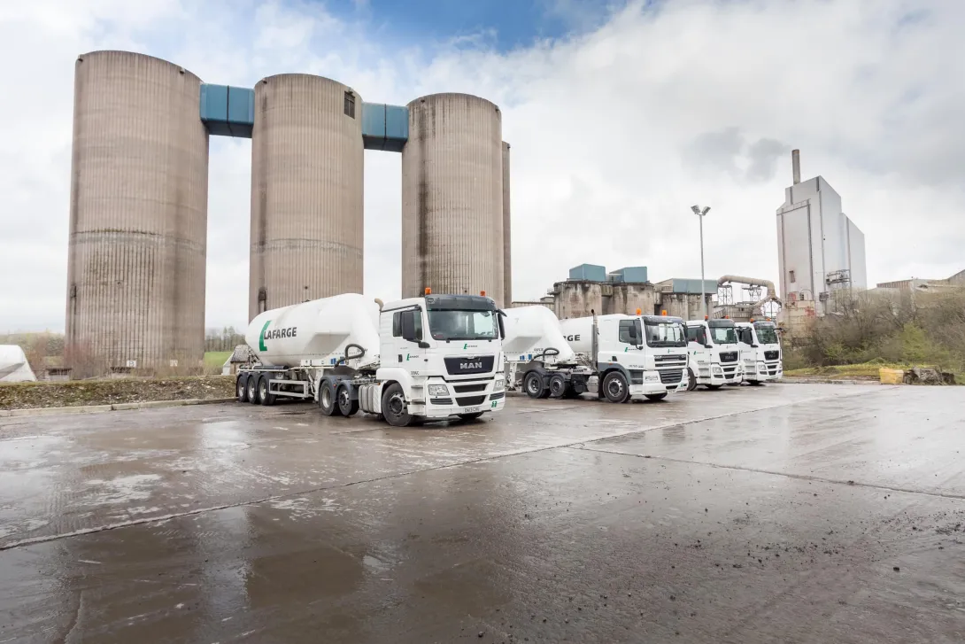 White Larfarge Cement Tankers parked up at Cauldon Cement Plant in Staffordshire