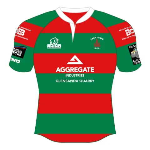 An Oban and Lorne Rugby Shirt with Aggregate Industries name and logo on along with Glensanda Quarry 
