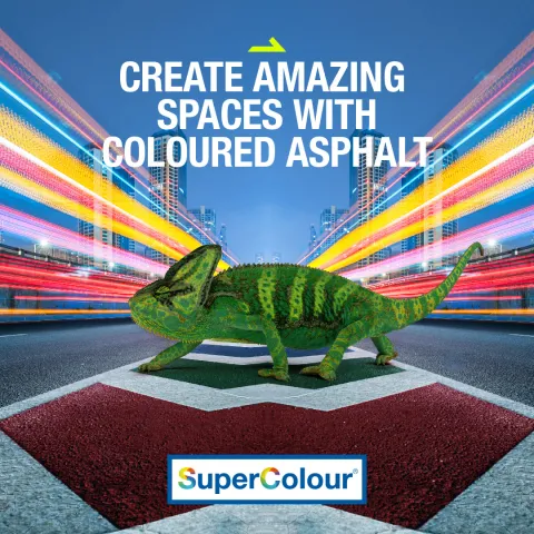 Chameleon walking across a road with the text "Create amazing spaces with coloured asphalt"